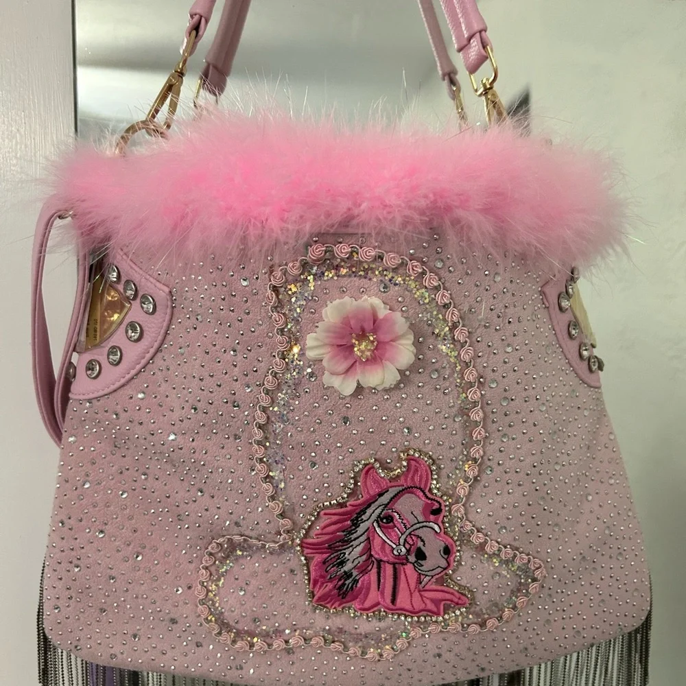 Horse & Kitten Handmade Pink Tote Bag w Rhinestones & Boa  = New